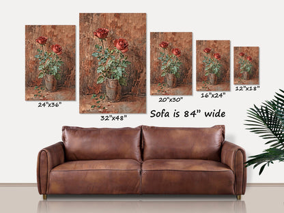 Rustic Flowering Red Roses in a Pot, Canvas Print, Floral Wall Art, Gifts for Her, Stretched Canvas, Home Decor, Botanical Vintage Painting