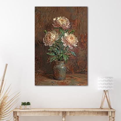 May include: A painting of a bouquet of white peonies in a brown vase on a brown background.