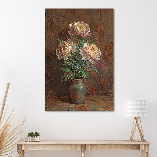 May include: A painting of a bouquet of white peonies in a brown vase on a brown background.