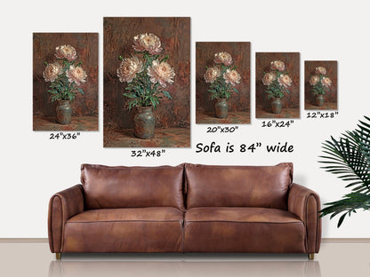 Rustic Flowering Peonies in a Pot, Canvas Art Print, Home Decor, Floral Wall Decor, Home Art, Botanical Artwork, Primitive Vintage Painting
