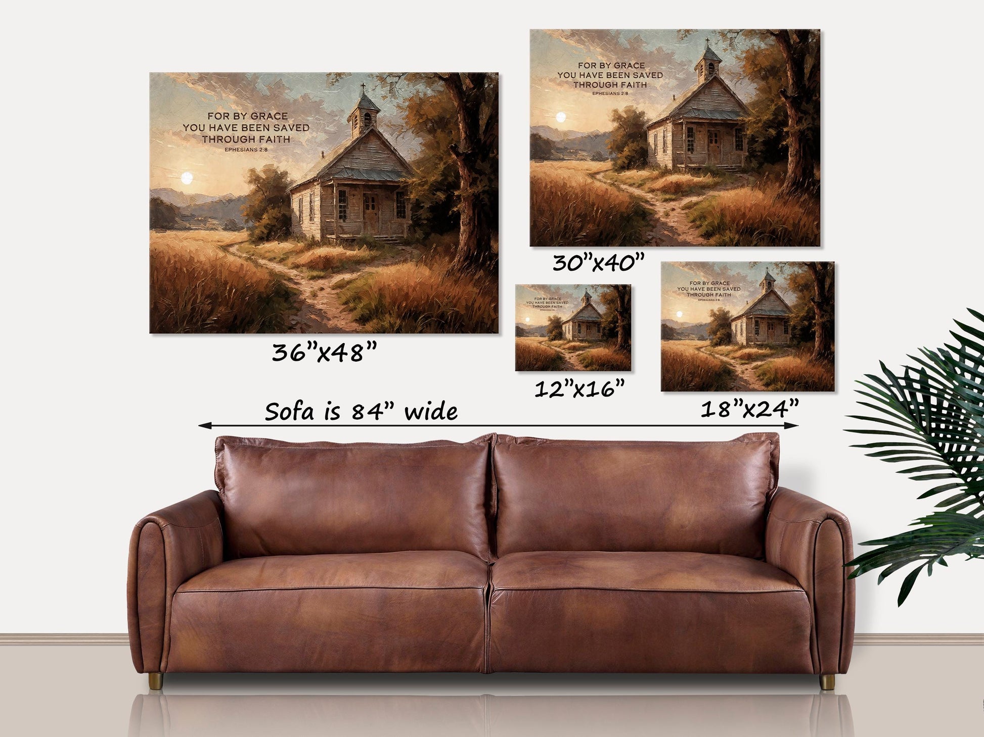Christian Canvas Wall Art, Ephesians 2:8 Bible Verse, Country Church at Sunrise, Christian Gifts, Scripture Decor, Religious Gift