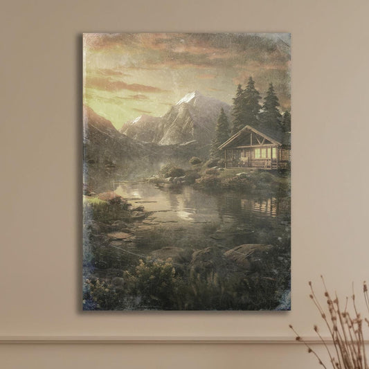 Mountain Cabin Wall Art, Rustic Lake Sunset Canvas Print, Cozy Lodge Decor, Nature Landscape Wall Hanging, Cabin Retreat Home Decor