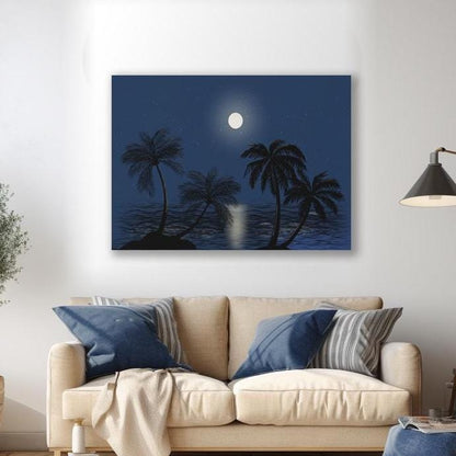 night sky with a bright moon, the ocean and palm trees on canvas