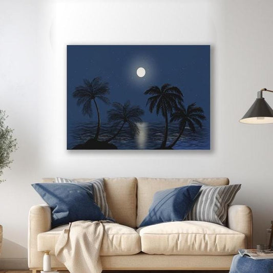 night sky with a bright moon, the ocean and palm trees on canvas