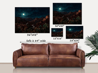 Moonlit Desert Canvas Wall Art Nighttime Landscape Southwest Decor Canyon Painting Full Moon Scene Nature Landscape Print Western Mountains