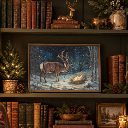 framed canvas art of a buck reverently bowing to baby Jesus in
 a wooded scene