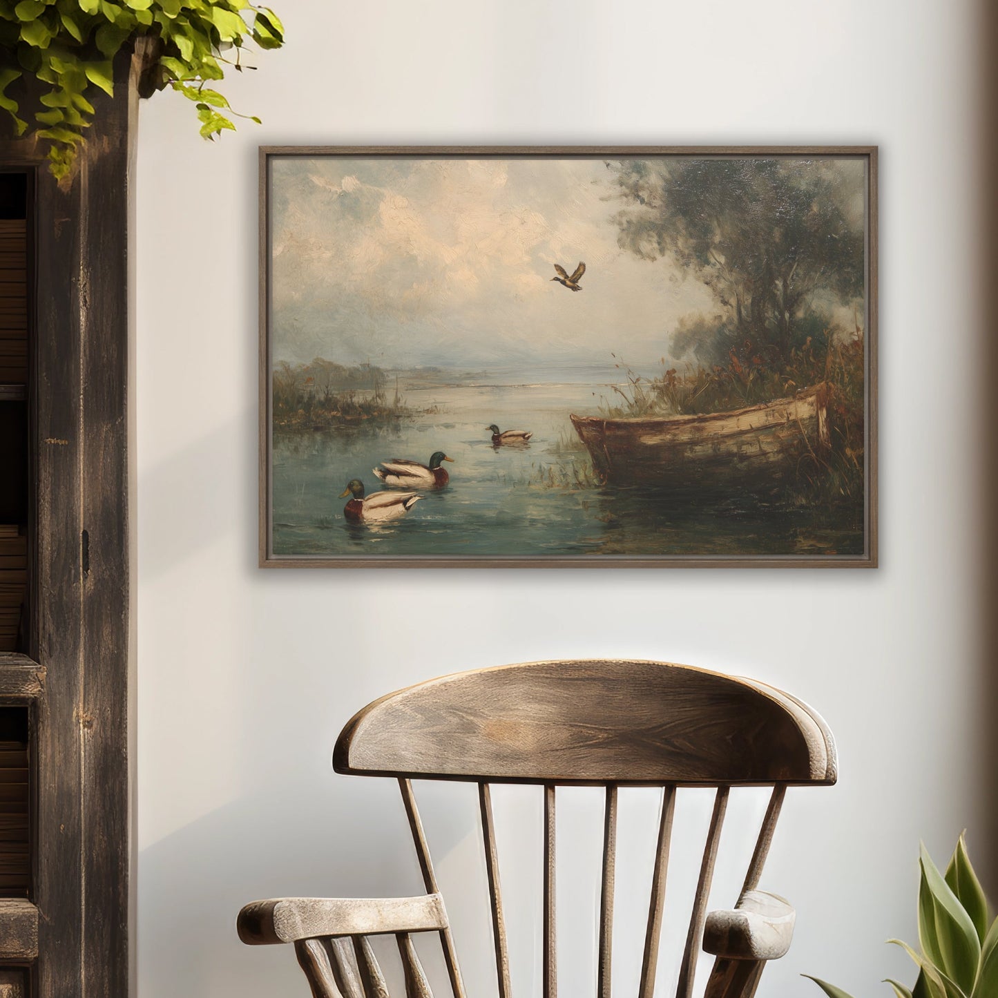 vintage lake print with mallard ducks and an old boat
