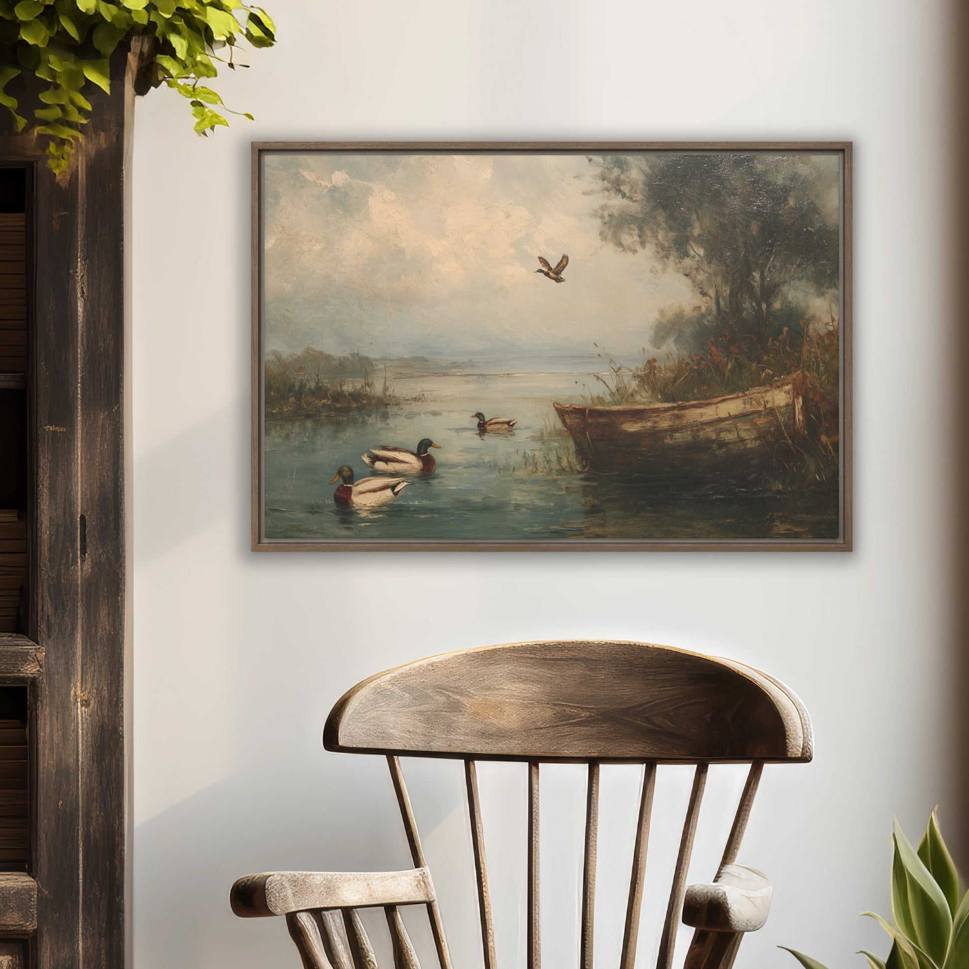 vintage lake print with mallard ducks and an old boat
