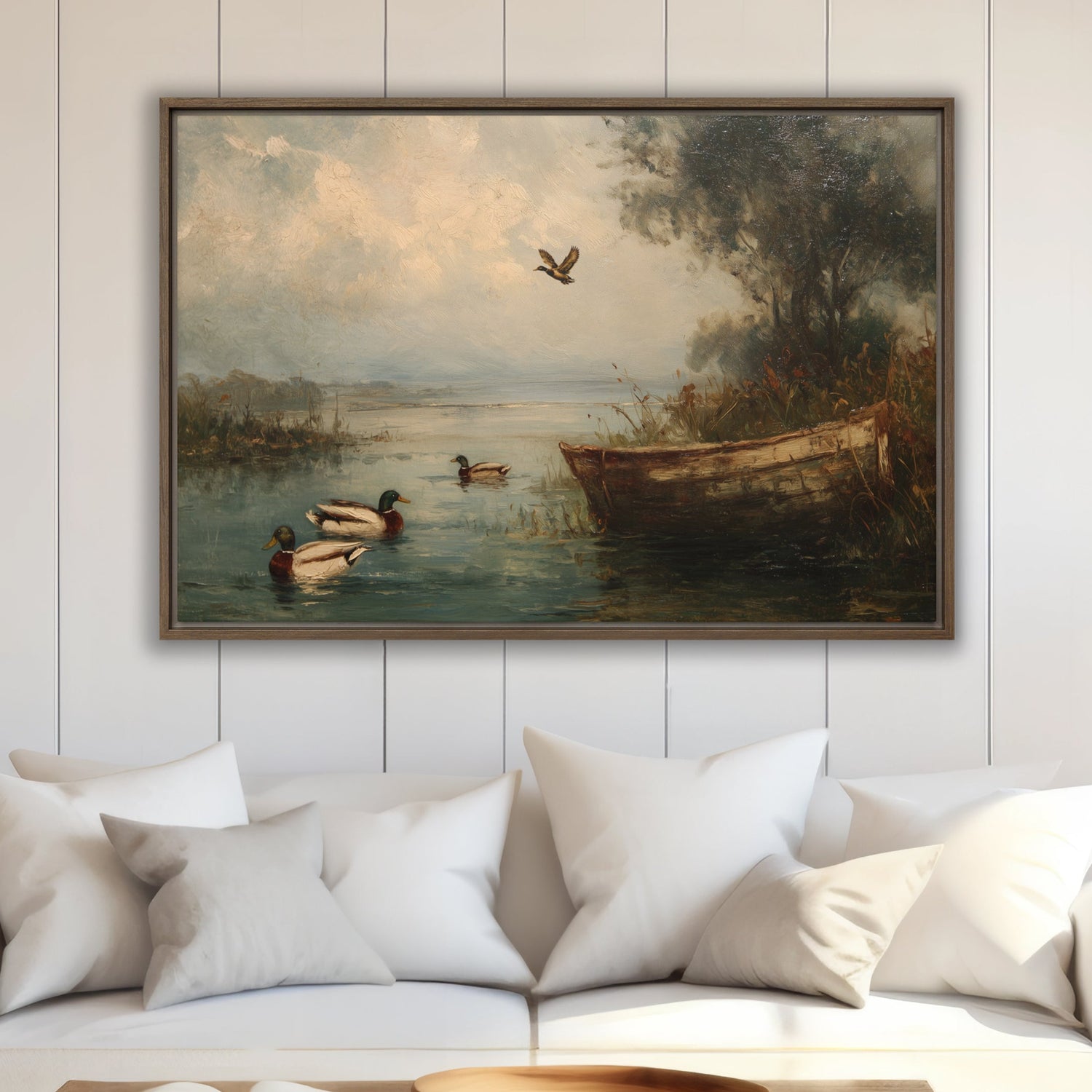 wood framed canvas print featuring a beautiful lake scene with mallard ducks and an old boat