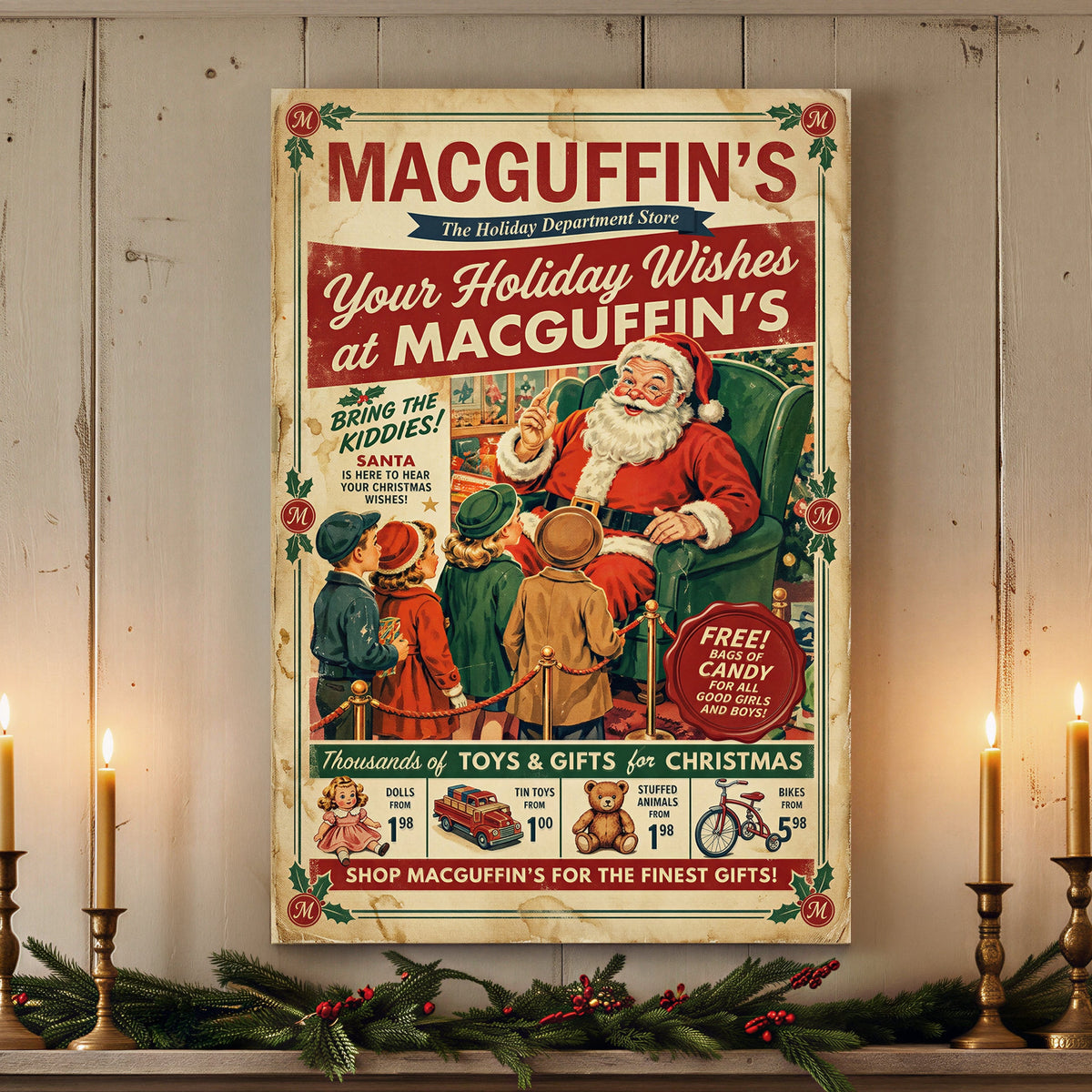 Vintage Christmas Santa Canvas Sign