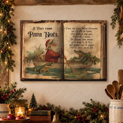 A rustic framed wall art print featuring a vintage Christmas poem titled 'A Visit From Papa Noel' with Santa in a canoe and an alligator, displayed in a cozy, decorated kitchen setting with holiday greenery and wooden decor.