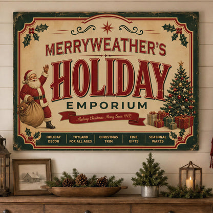 A large vintage-style Christmas sign reading “Merryweather’s Holiday Emporium” hangs on a white shiplap wall above a rustic wooden console table. The scene is decorated for Christmas with greenery, plaid garlands, lanterns, and a red plaid scarf, creating a warm holiday interior.