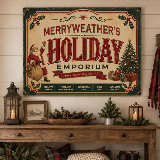 A large vintage-style Christmas sign reading “Merryweather’s Holiday Emporium” hangs on a white shiplap wall above a rustic wooden console table. The scene is decorated for Christmas with greenery, plaid garlands, lanterns, and a red plaid scarf, creating a warm holiday interior.