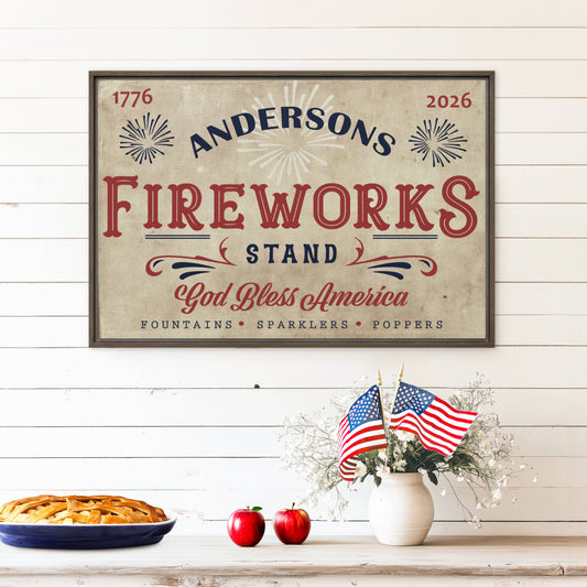 Personalized Fireworks Stand Wood Framed Canvas