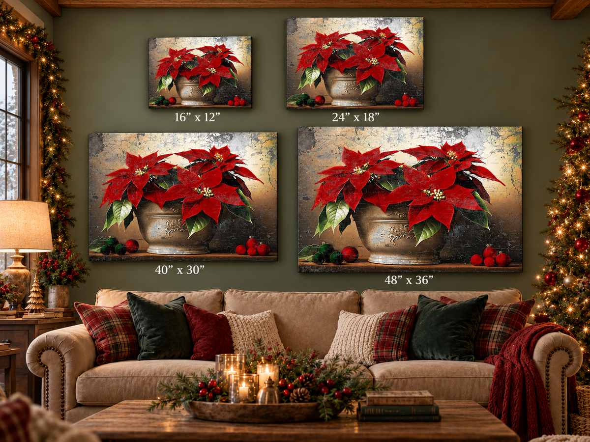 Vintage Poinsettia Christmas Gallery Wrapped Canvas Wall Art