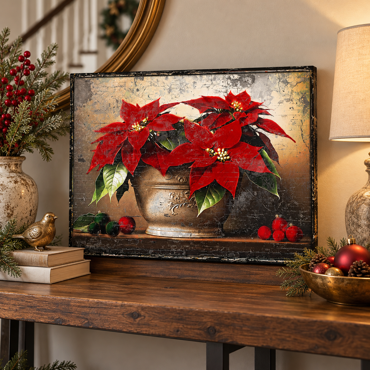 Vintage Poinsettia Christmas Gallery Wrapped Canvas Wall Art