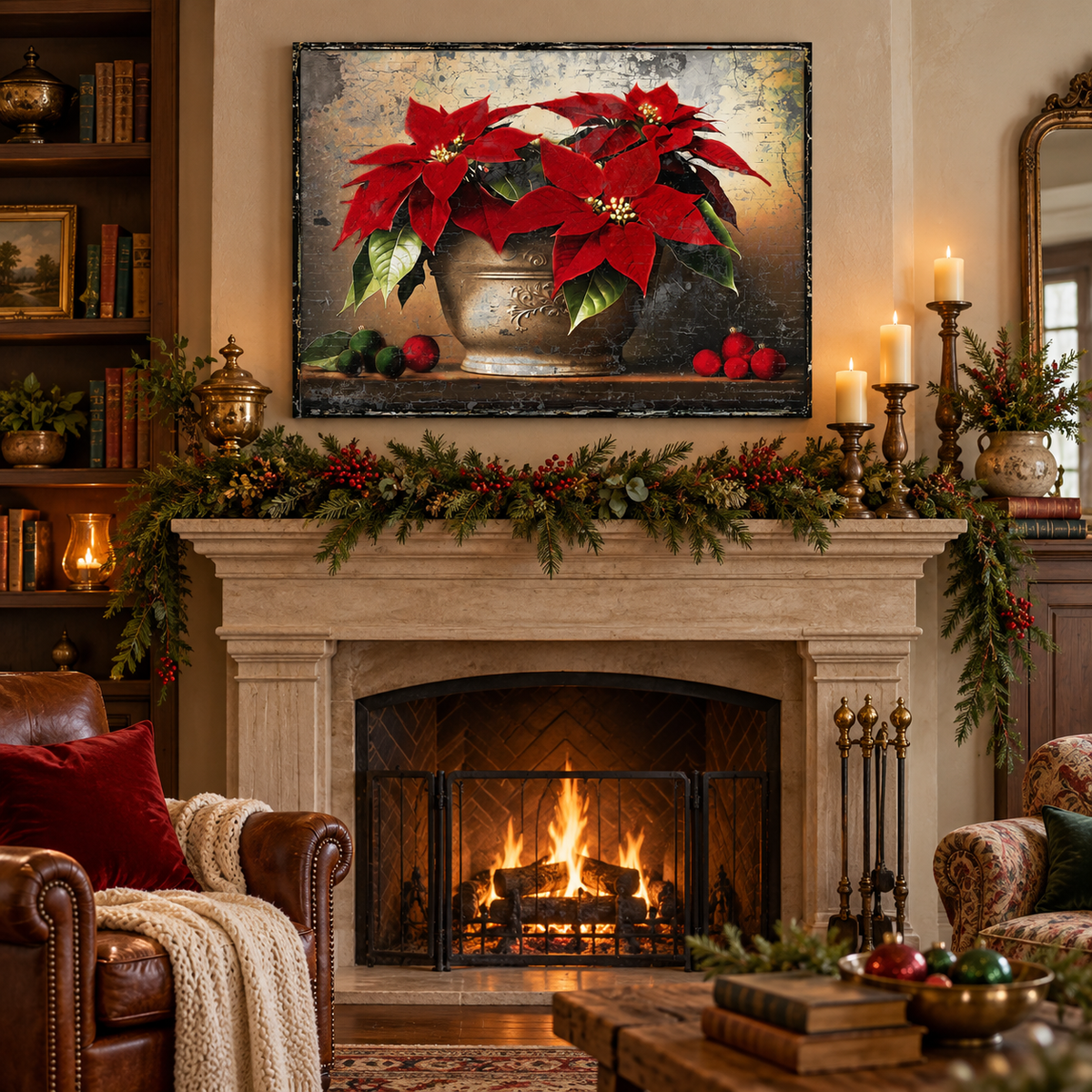 Vintage Poinsettia Christmas Gallery Wrapped Canvas Wall Art