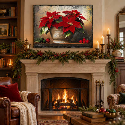 Vintage Poinsettia Christmas Gallery Wrapped Canvas Wall Art