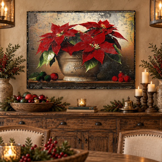 Vintage Poinsettia Christmas Gallery Wrapped Canvas Wall Art