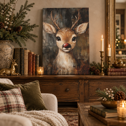 Rustic Red-Nosed Reindeer Christmas Canvas Wall Art