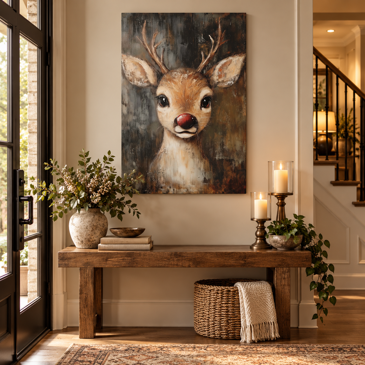 Rustic Red-Nosed Reindeer Christmas Canvas Wall Art