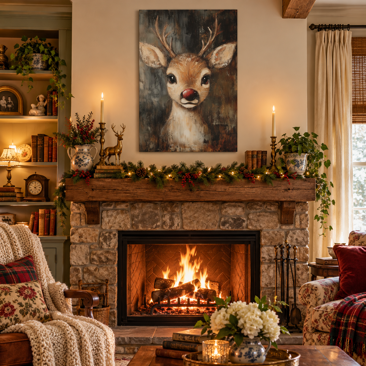 Rustic Red-Nosed Reindeer Christmas Canvas Wall Art
