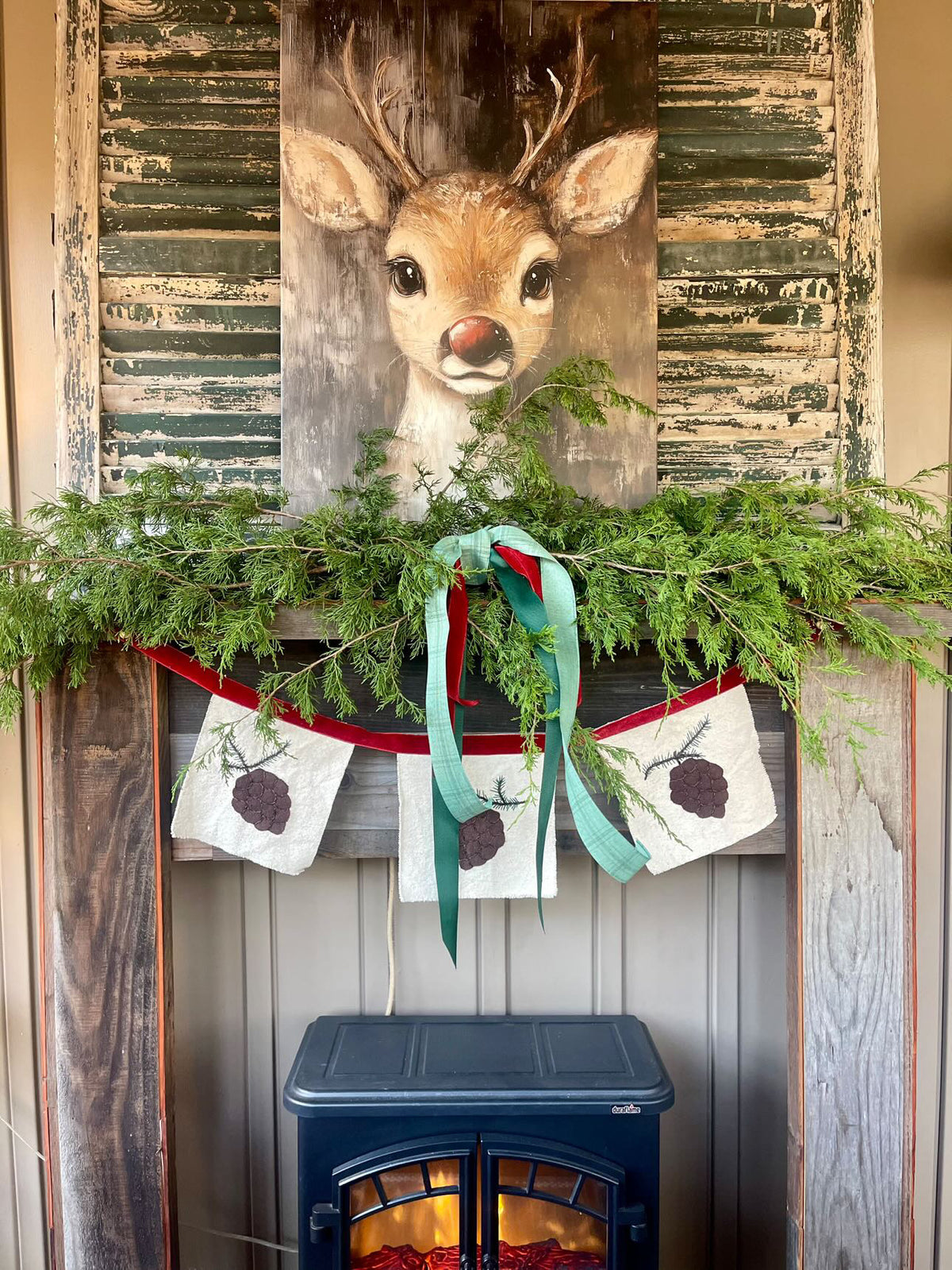 Rustic Red-Nosed Reindeer Christmas Canvas Wall Art