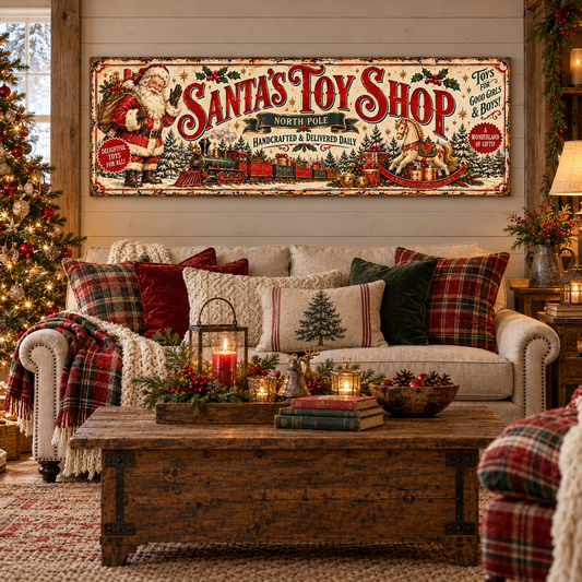 Santa’s Vintage Toy Shop Panoramic Christmas Canvas