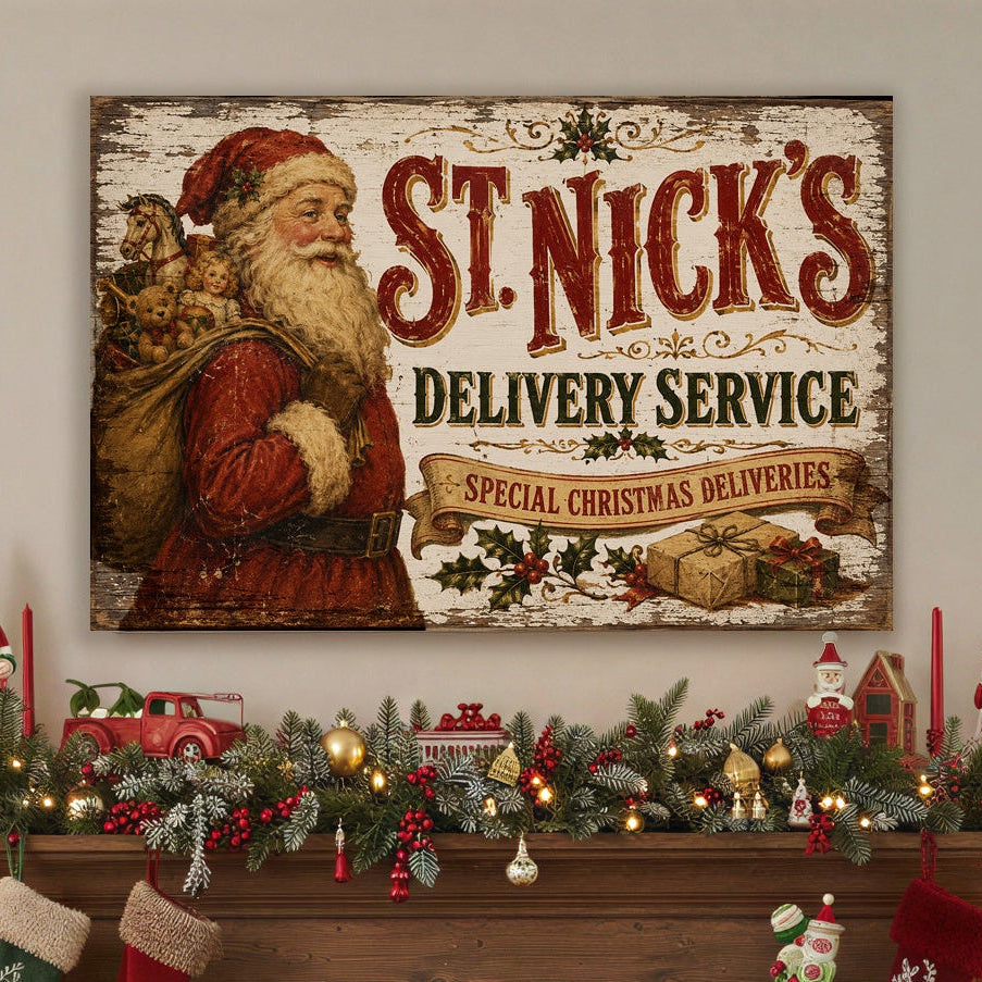 A rustic framed canvas print featuring a vintage-style 'St. Nick's Delivery Service' sign with Santa, displayed on a fireplace mantel above a decorated Christmas fireplace.
