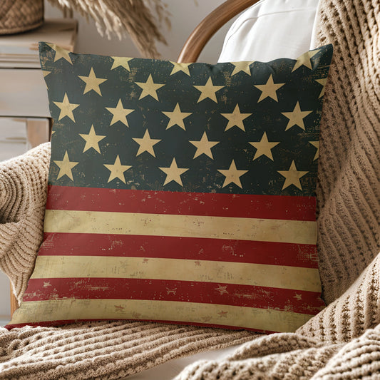 Tea Stained Vintage American Flag Throw Pillow Cover