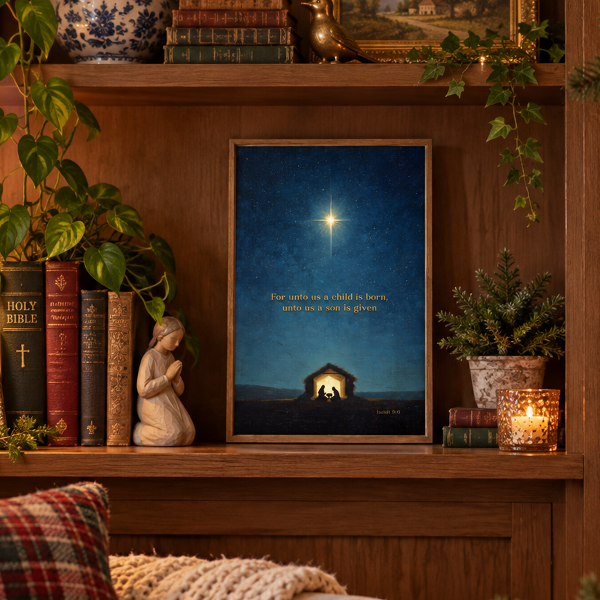 unto us a child is born wood framed canvas sitting on a bookshelf at Christmas