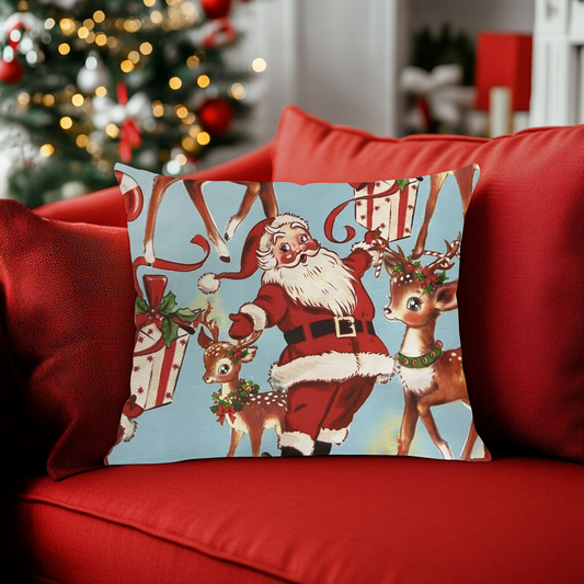 Retro Santa Claus & Reindeer Throw Pillow Cover