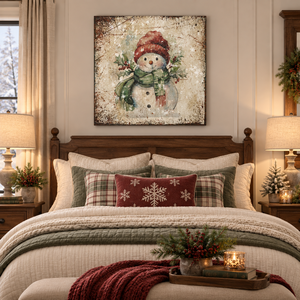 Cozy Rustic Snowman Winter Canvas Wall Art