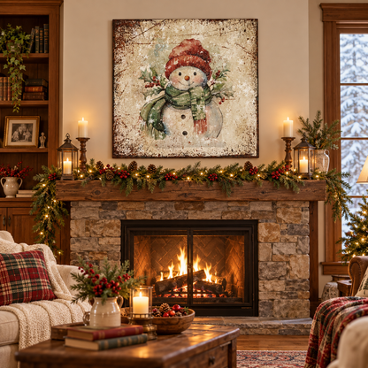 Cozy Rustic Snowman Winter Canvas Wall Art