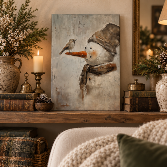 Vintage Snowman with Bird Canvas Wall Art with Winter Bird