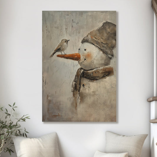 Vintage Snowman with Bird Canvas Wall Art