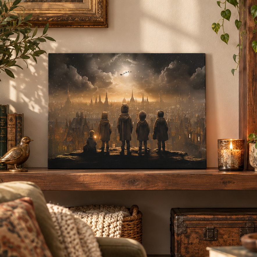 canvas art with 5 little boys watching for santa