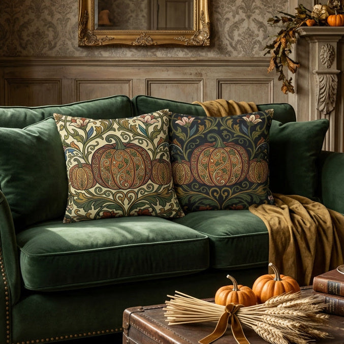 A cozy living room scene featuring a dark green velvet loveseat with decorative patterned pillows and a mustard throw blanket, positioned in front of a fireplace with a burning fire visible. The room has ornate wallpaper, a gold mirror, and a rustic wooden trunk in the foreground with pumpkins and wheat.