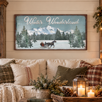 winter wonderland canvas art with a horse led sleigh in the mountains