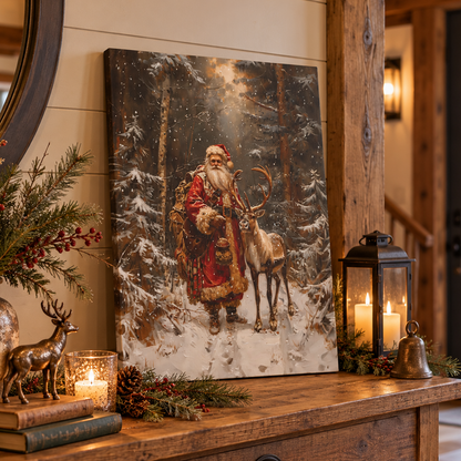 Vintage Santa and reindeer Christmas canvas wall art featuring Santa Claus walking through a snowy woodland forest