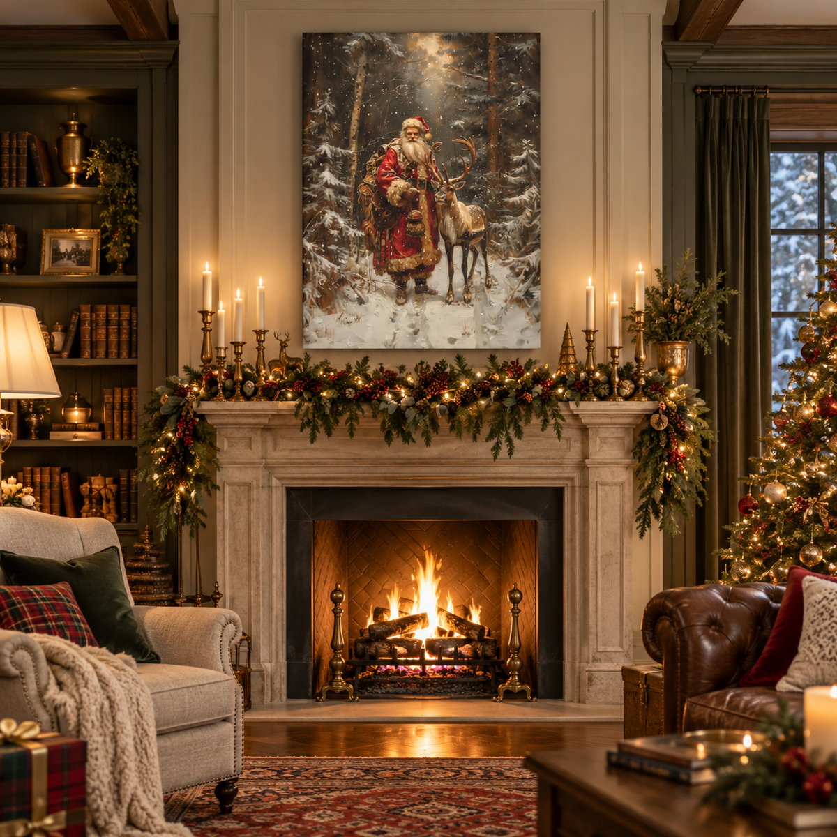 Woodland Santa and Reindeer Vintage Christmas Canvas Wall Art